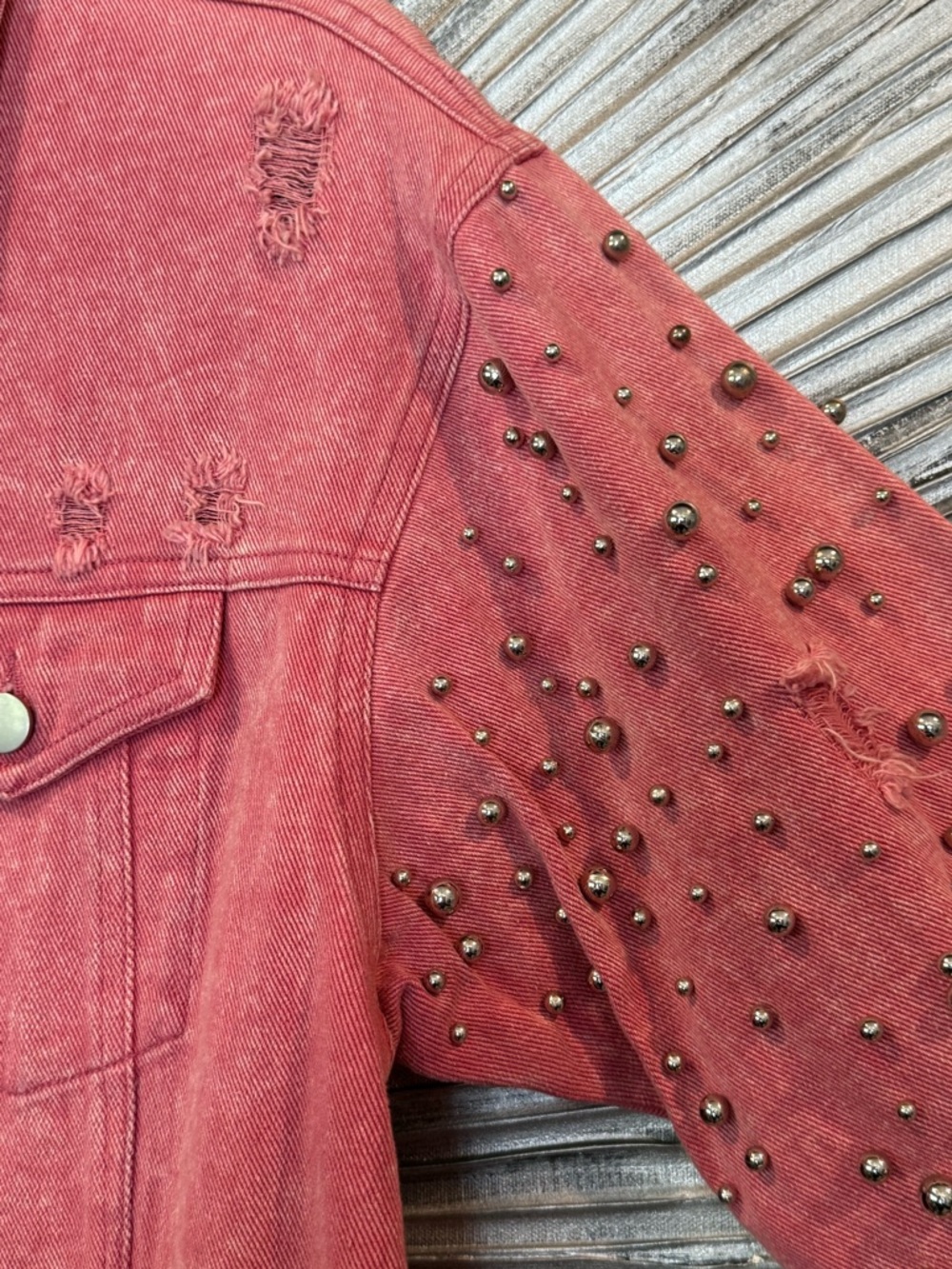 Blue B Women's Distressed Studded Rose Jean Jacket - Picture 5 of 7